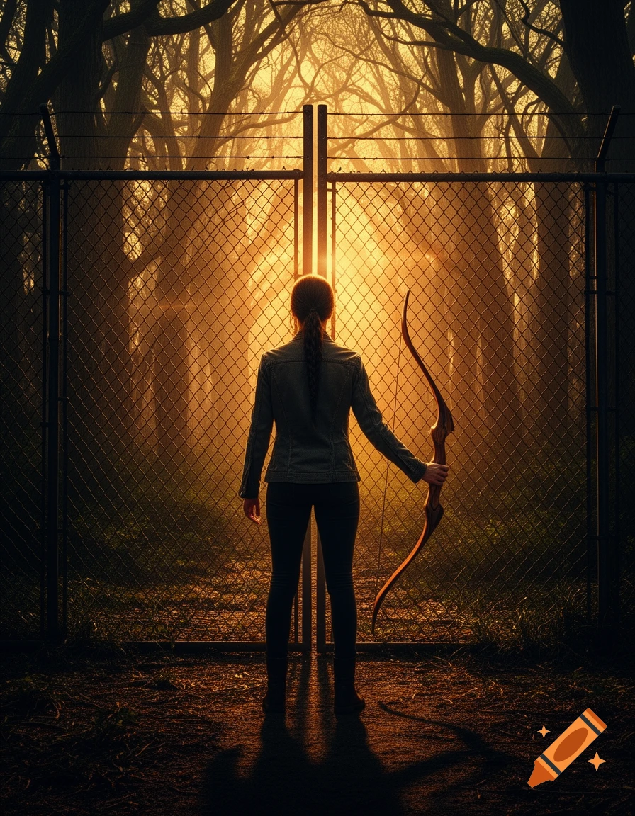 A cinematic rear view of a person with a bow standing before a chain-link fence, facing a golden sunrise over a dense forest.