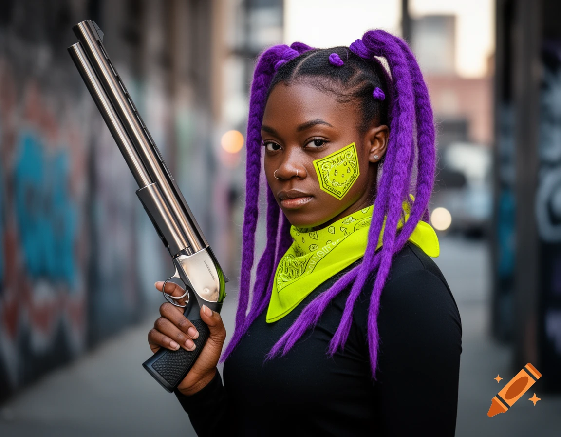 A striking portrait of a Black woman with long purple dreadlocks, a neon yellow bandana, and a matching cheek patch, holding a shotgun.