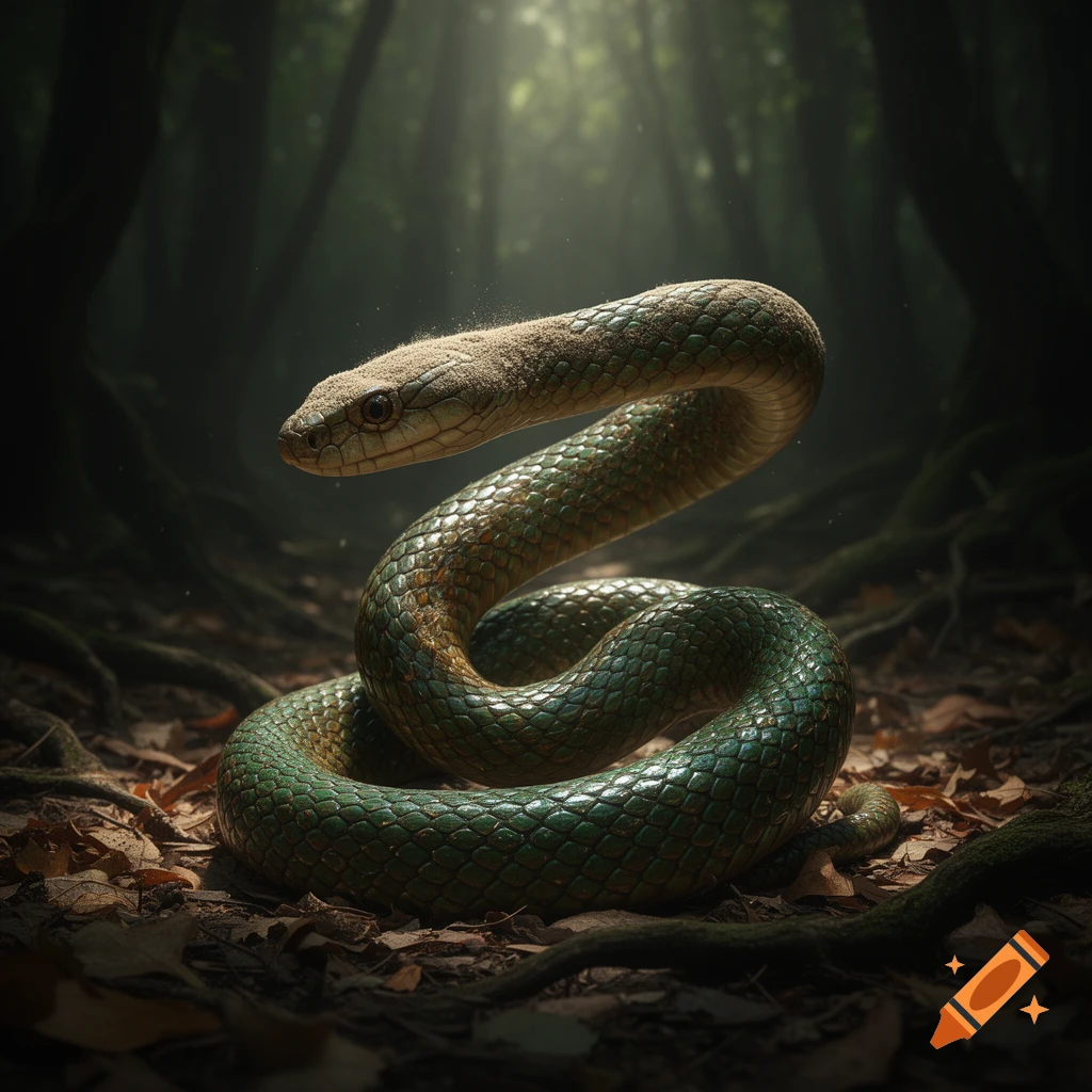 A green snake with a sandy head is coiled on a dark forest floor, illuminated by a sunbeam through the trees.