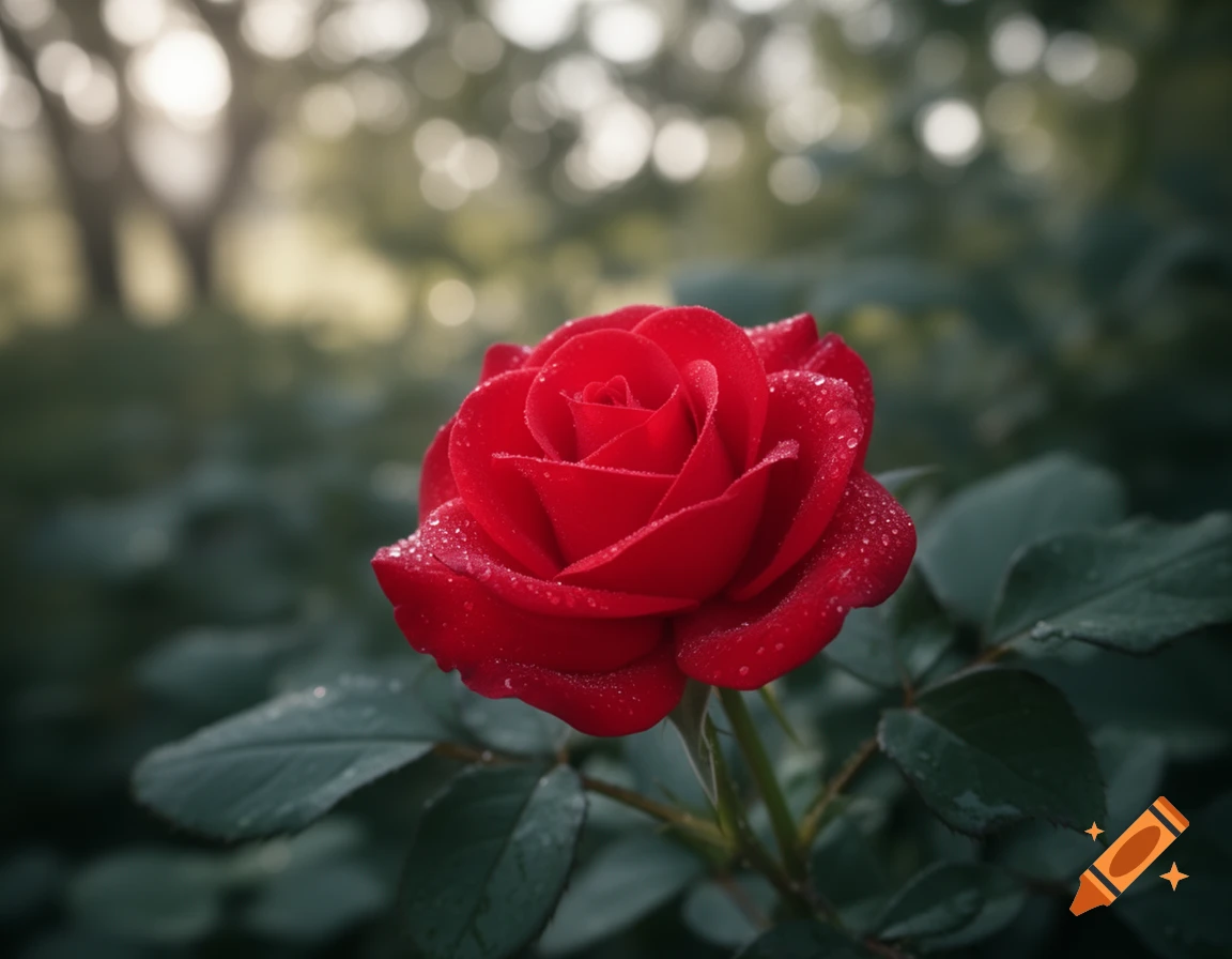 A vibrant red rose covered in tiny water droplets, with a soft, blurred green background.