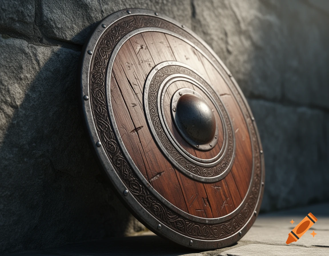 A weathered round wooden shield with ornate metal details and a central boss leans against a stone wall.