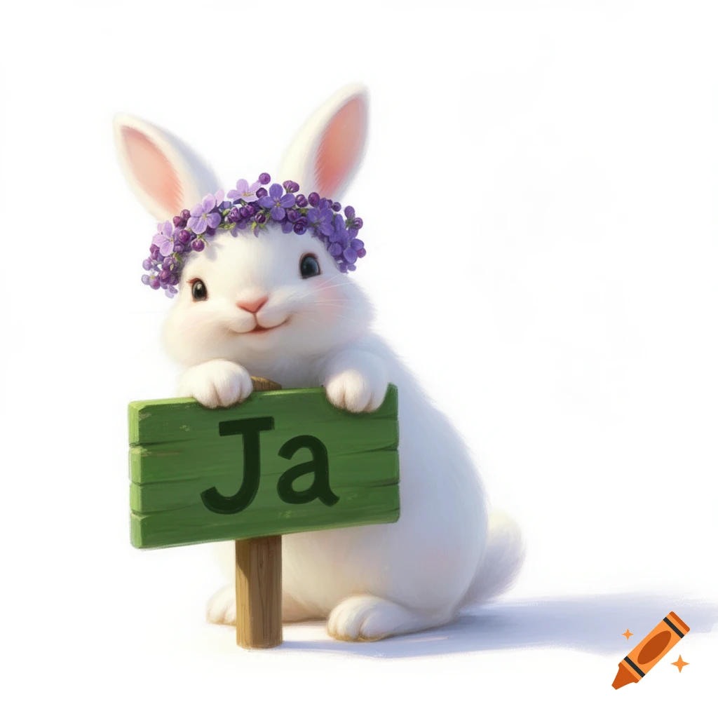 A cute white rabbit with a purple flower wreath on its head holds a green sign with "Ja" written on it, against a white background.