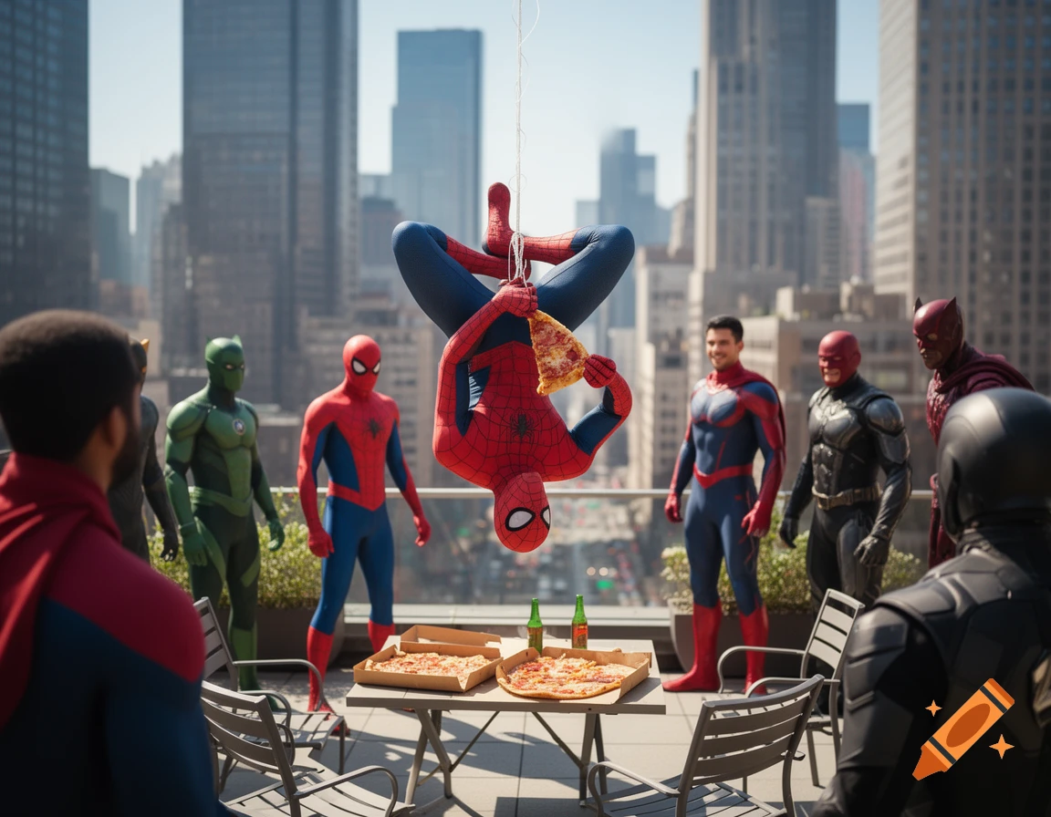 Photorealistic image of Spider-Man hanging upside down, eating a pizza slice with other superheroes on a city rooftop.