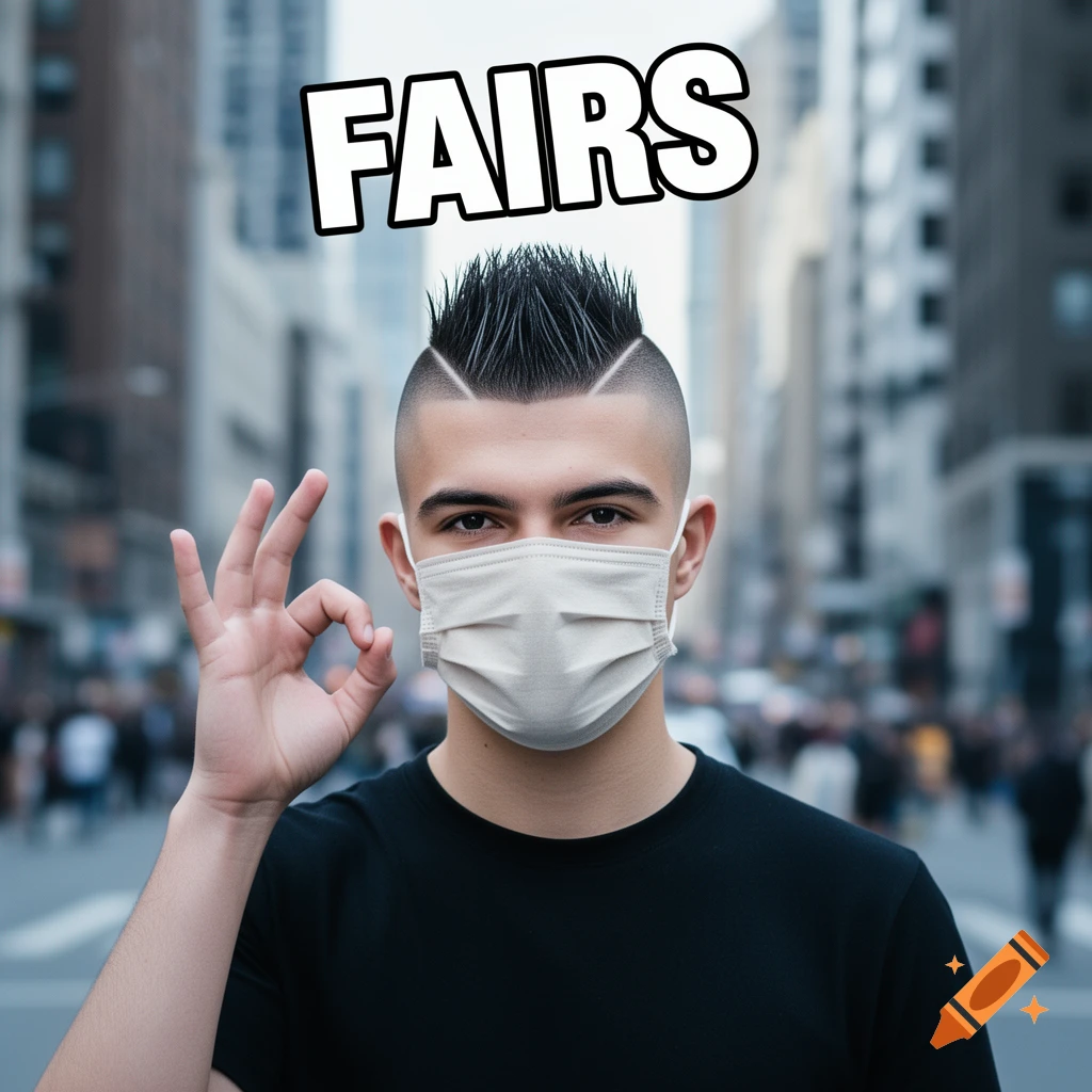 Young man in a face mask with a fade haircut makes an OK gesture on a city street, with 'FAIRS' text overhead.