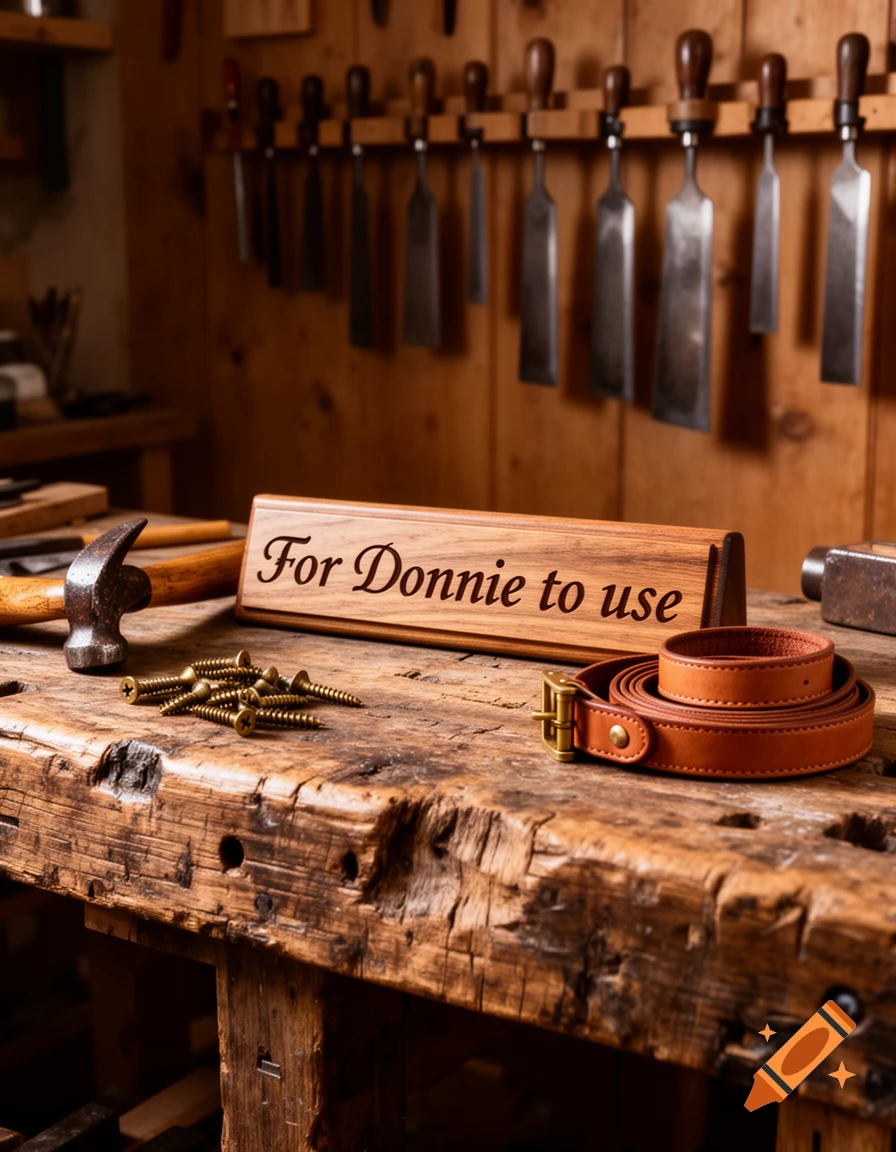 A rustic wooden workbench with a hammer, scattered screws, a coiled leather belt, and a wooden nameplate reading "For Donnie to use".