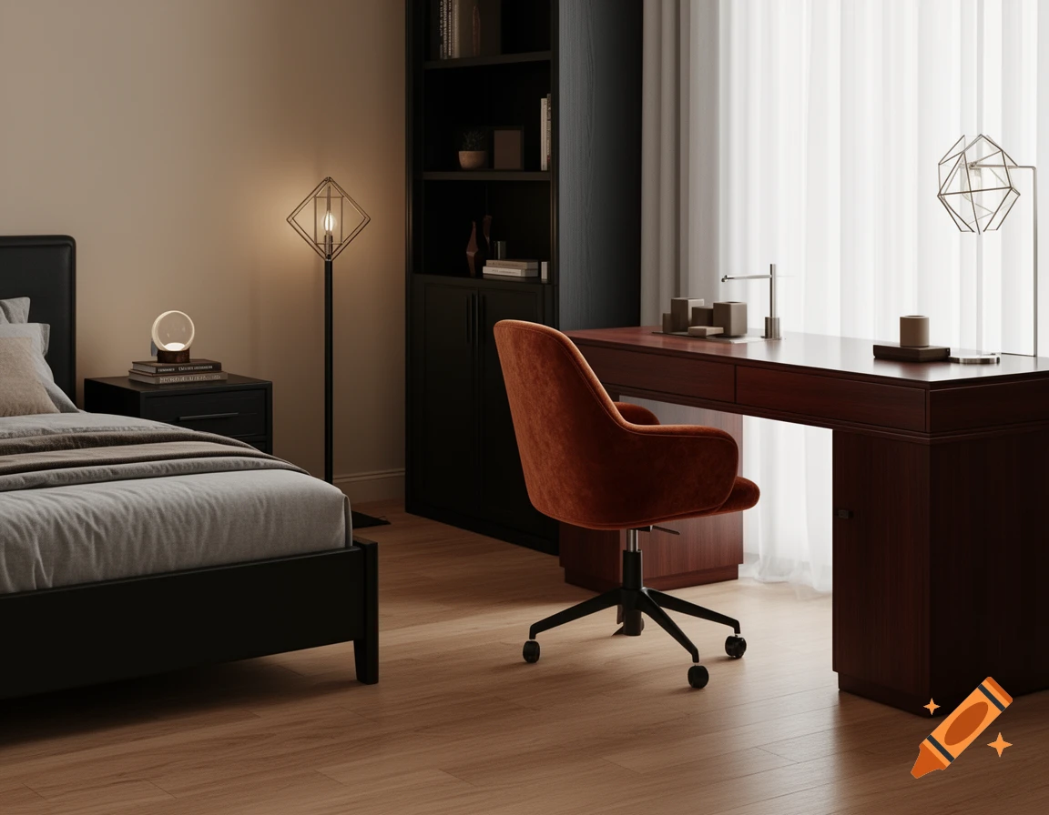 Modern bedroom with a black bed, dark wood desk, orange velvet office chair, and sleek lamps.