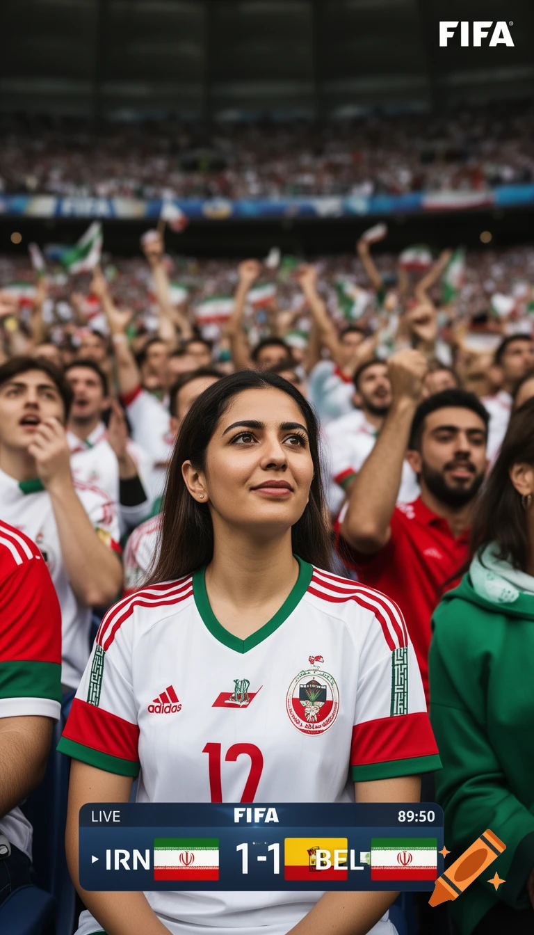 A beautiful Iranian female football fan in a white national team jersey looks up in a cheering stadium crowd with a live broadcast scoreboard overlay.