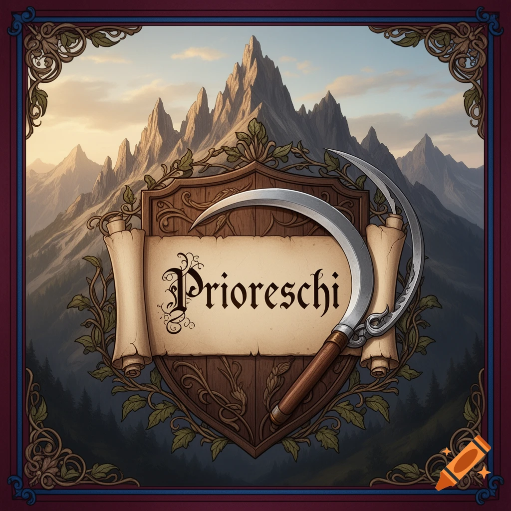A fantasy art emblem with 'Prioreschi' on a scroll, a sickle, and a wooden shield, set against rugged mountains.