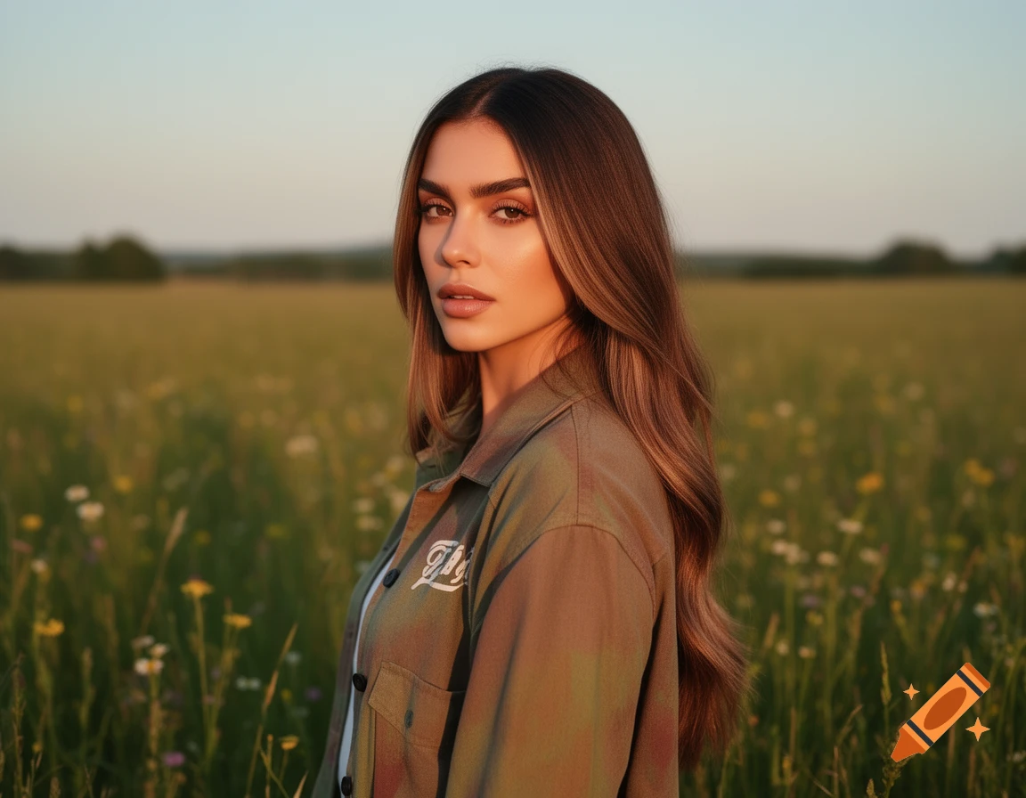 A photorealistic portrait of a young woman with long brown hair, wearing an olive green jacket, standing in a sunlit field.