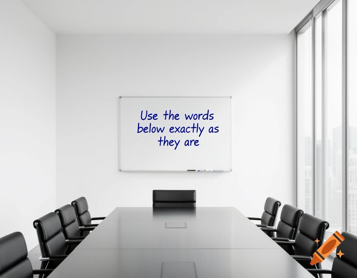 Photorealistic empty conference room with a long black table, chairs, and a whiteboard displaying 'Use the words below exactly as they are'.
