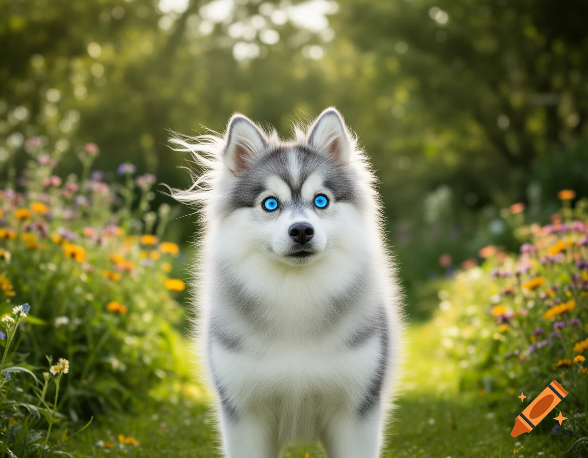 A fluffy gray and white pomsky puppy with striking blue eyes looks forward, standing in a sunny field of wildflowers.