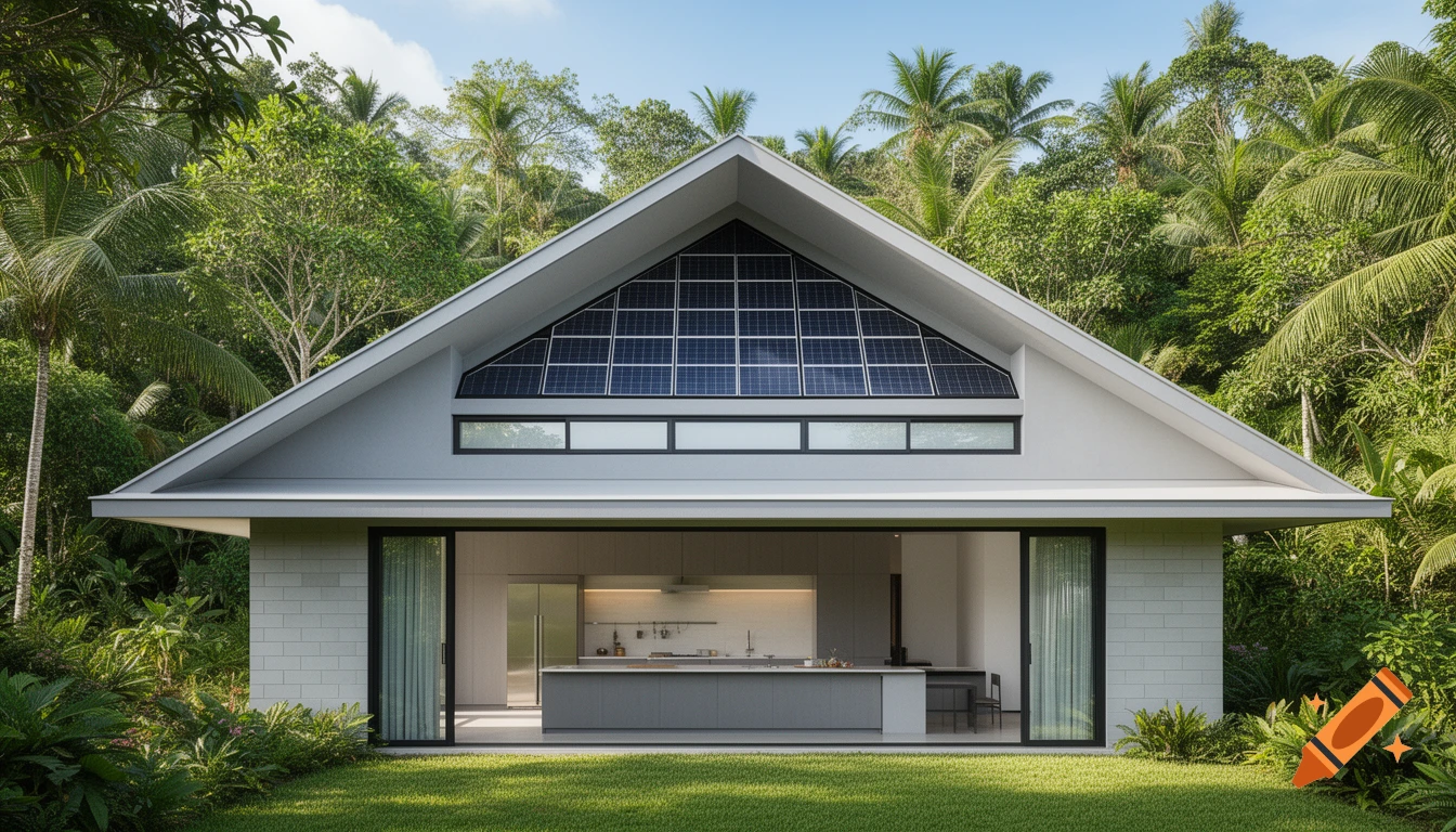 Photorealistic image of a modern light gray house with a gable roof, solar panels, and an open kitchen, surrounded by lush tropical greenery under a blue sky.