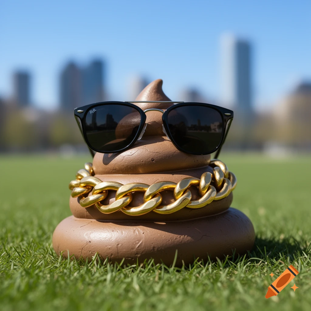 A stylized brown poop emoji wearing black Ray-Ban sunglasses and a thick gold chain sits on green grass with a blurry city skyline in the background.