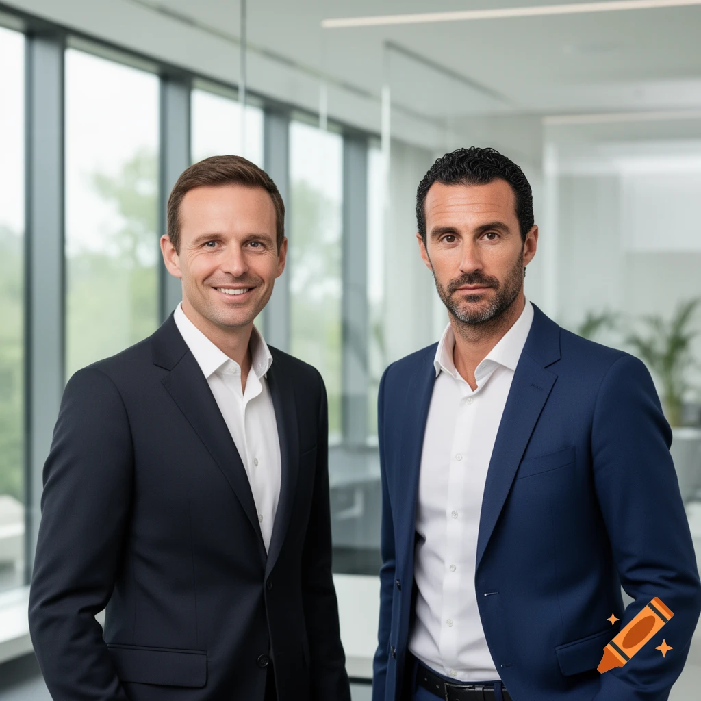 Two men in suits, one smiling and one serious, stand in a bright modern office.