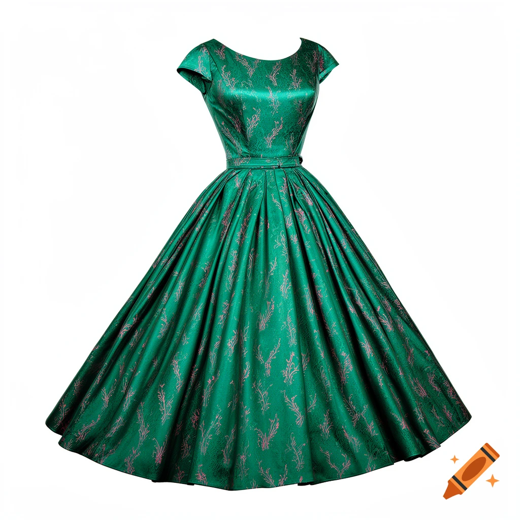 A phthalo green 1950s style dress with pink accents, presented on a white background.