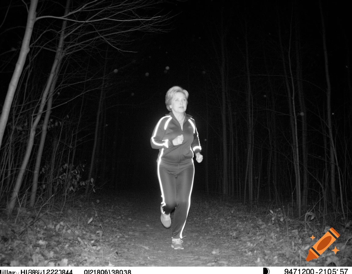 Hillary Clinton runs on a dark forest trail at night, captured in a black and white trail camera photo.