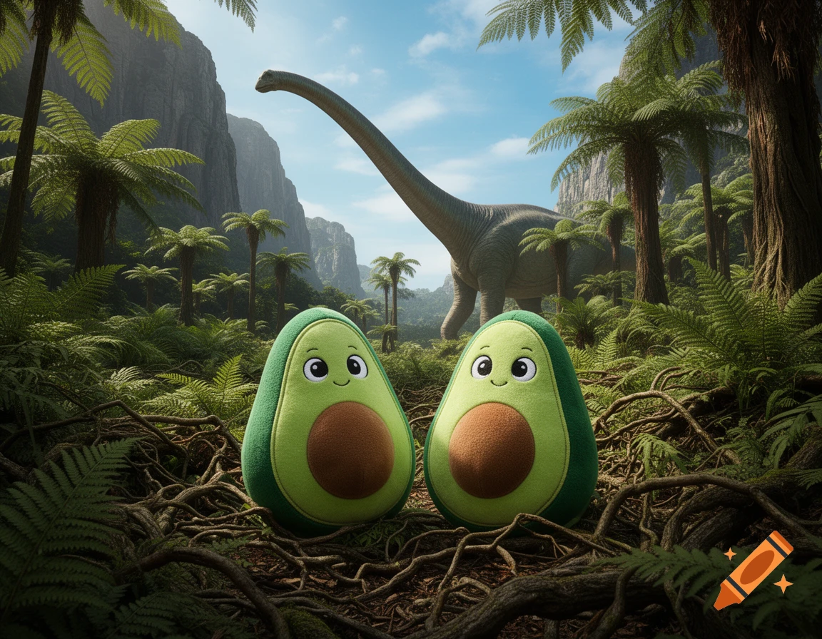 Two cute avocado plushies in a lush prehistoric jungle with a long-necked dinosaur in the background.