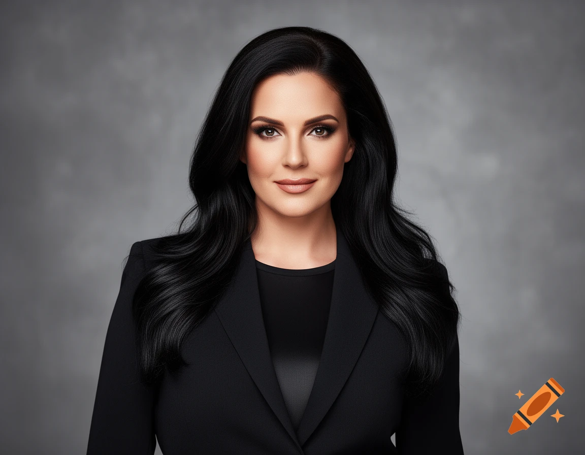 A professional portrait of a woman with long dark hair, wearing a black blazer, against a gray background.