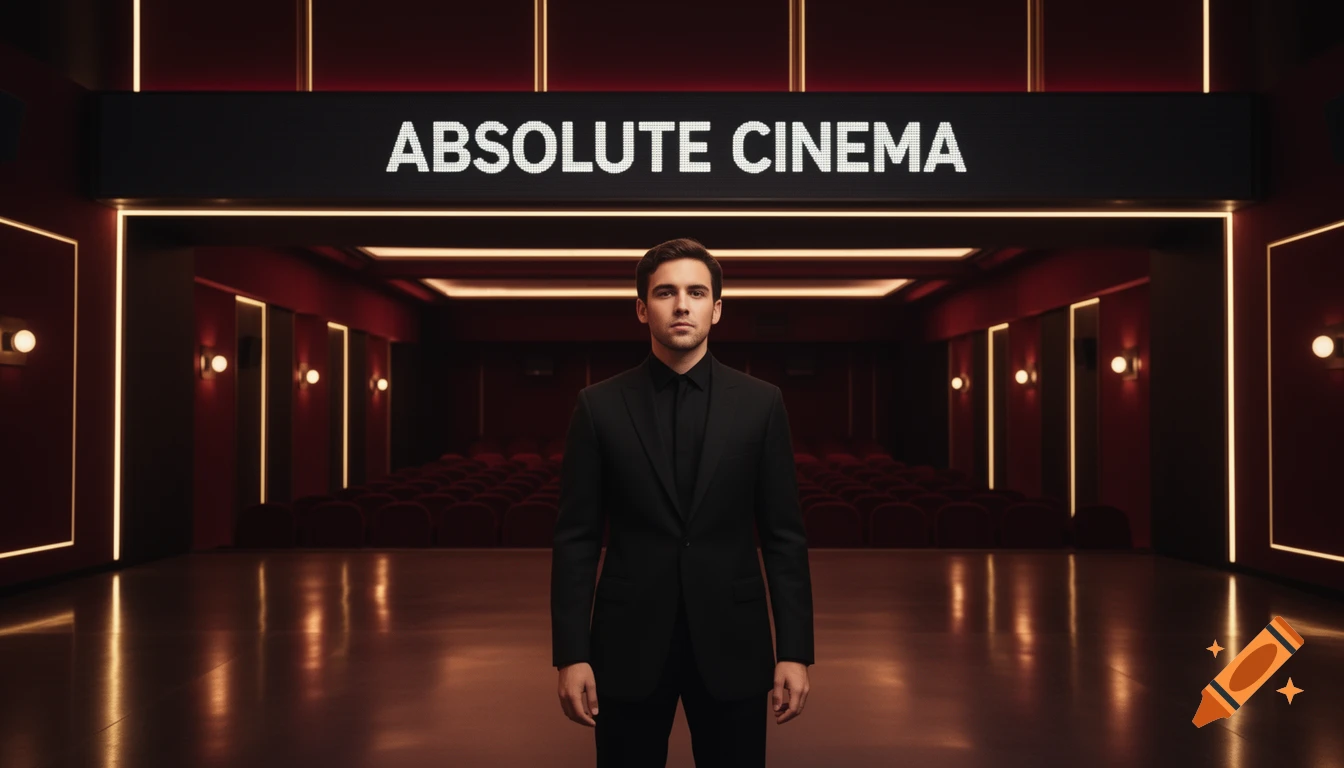 Man in a black suit stands in a grand, empty cinema auditorium with red seats and glowing lights.