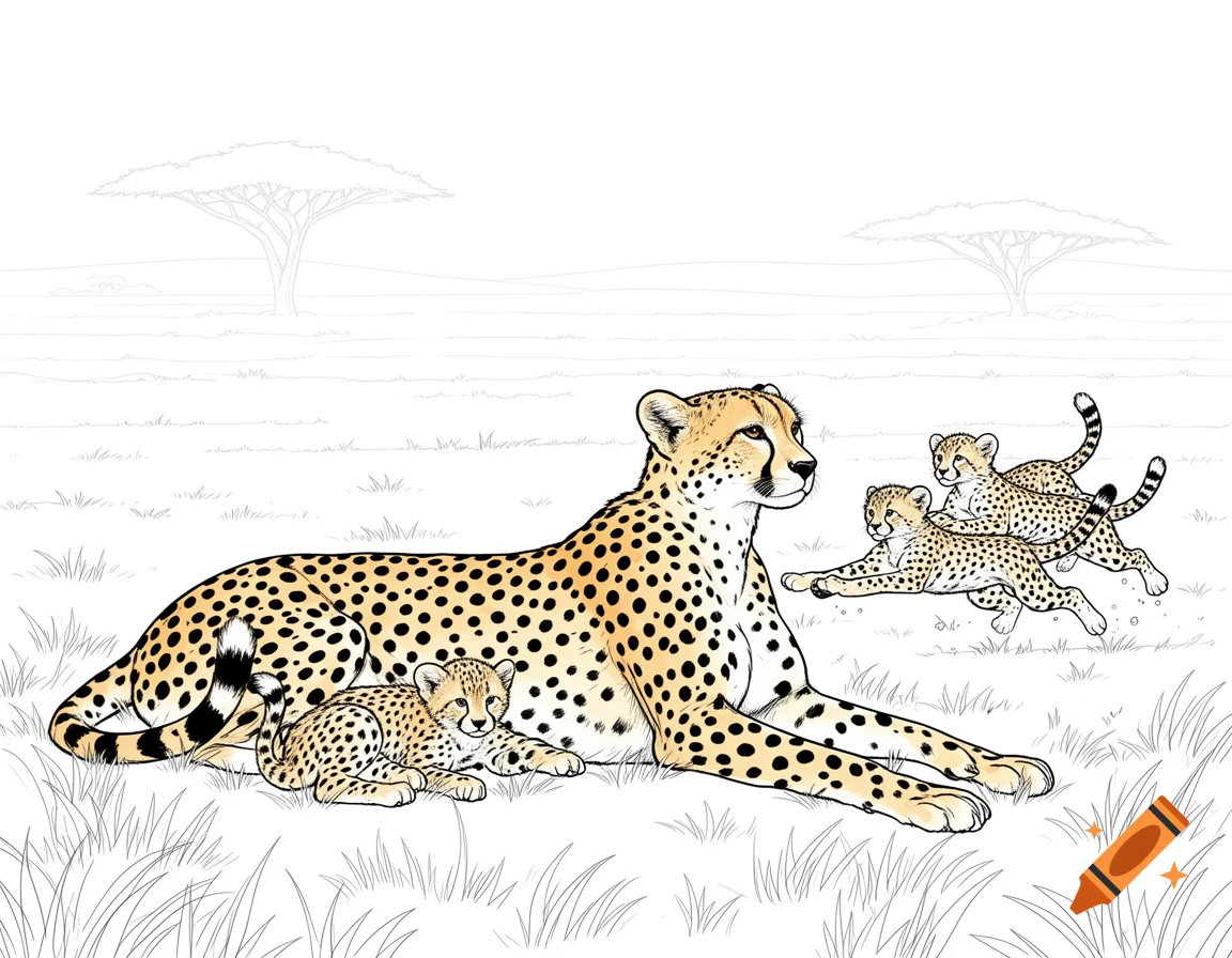 A coloring page illustration of a mother cheetah lying with one cub, while two other cubs run in a savanna.