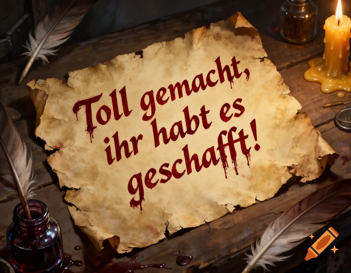 Old parchment with 'Toll gemacht, ihr habt es geschafft!' in dripping red ink, surrounded by quills, inkwell, and a candle on a wooden table.