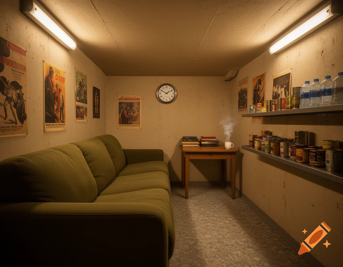 Photorealistic image of a cozy, claustrophobic bunker room with a green sofa, shelves of supplies, posters, and a table.