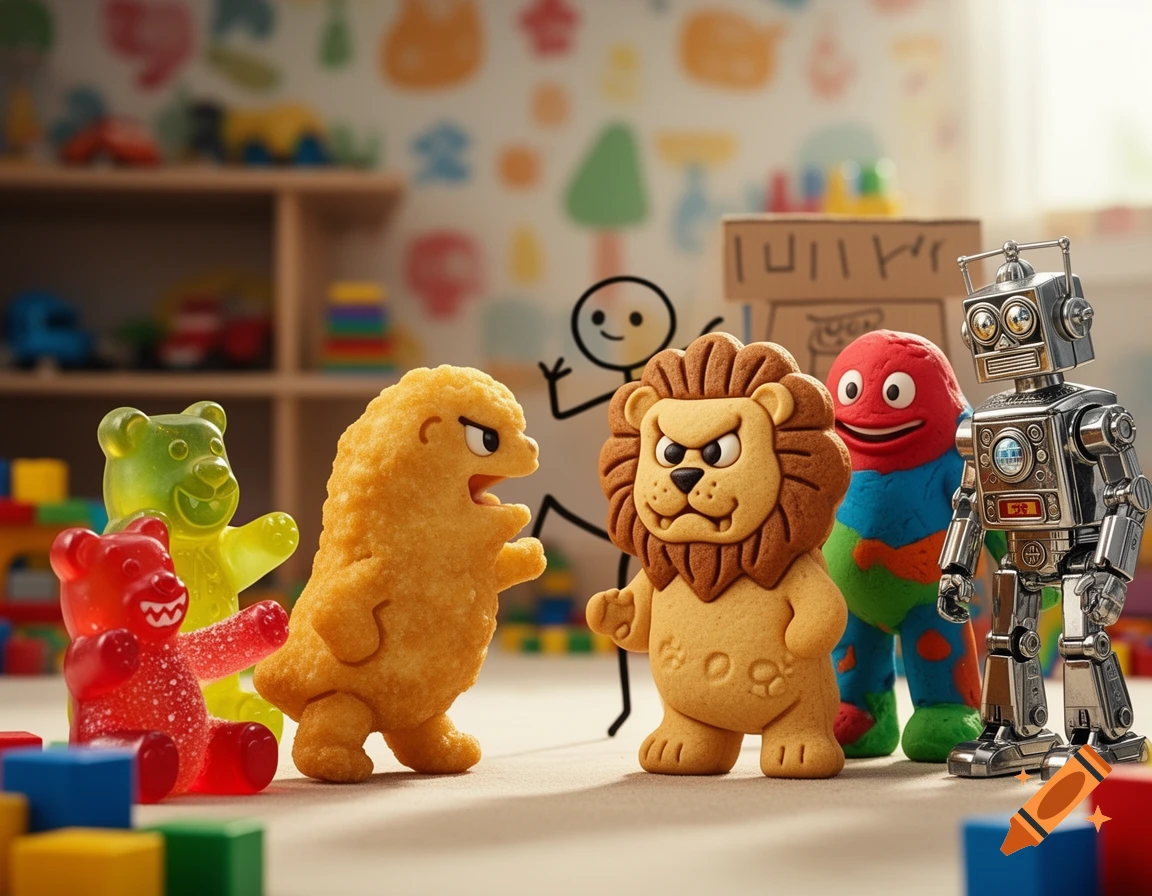 A lineup of toy-like characters including a dino nugget, a lion cracker, and gummy bears facing a stickman, Play-Doh figure, and a robot.