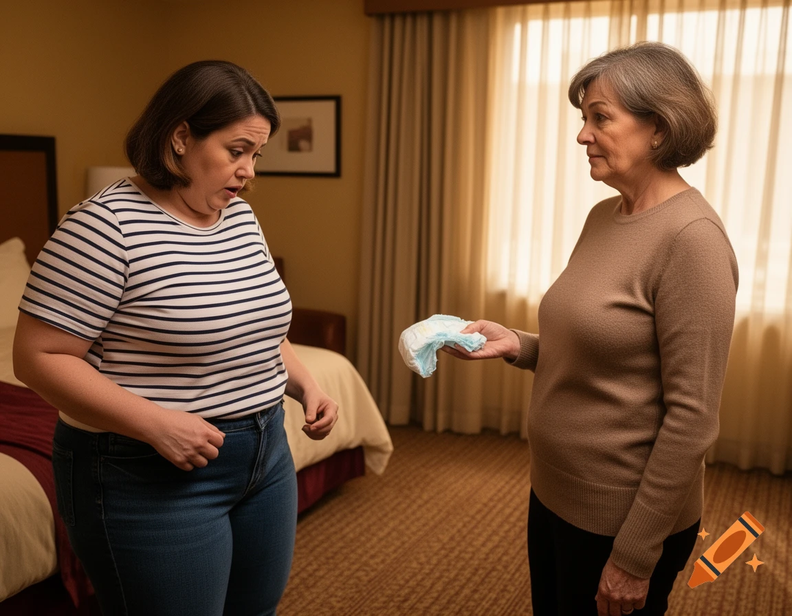 Two women in a hotel room, one in a striped shirt looks surprised while the other offers her a diaper.