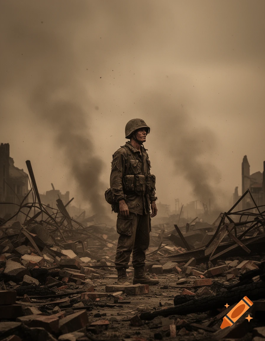 A lone soldier stands in a destroyed city filled with rubble and smoke under a cloudy, sepia-toned sky.