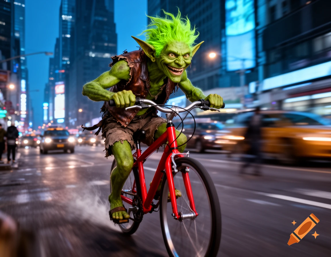 A grinning green goblin with bright green hair rides a red bicycle through a bustling city street at night, with motion blur.