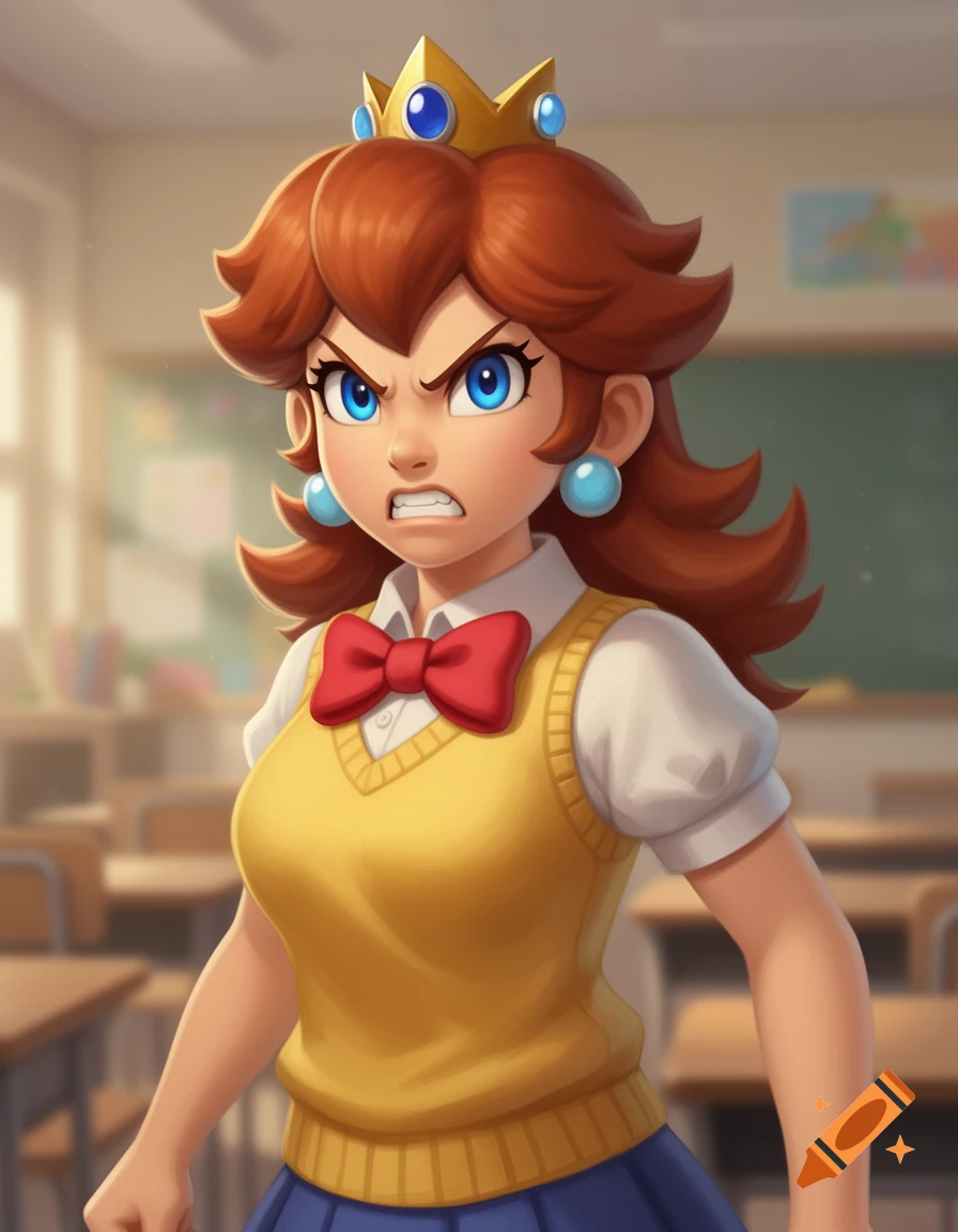 Princess Daisy with an angry expression, grinding her teeth in a school uniform with a yellow sweater vest and red bow tie in a classroom.