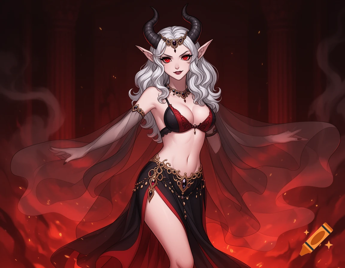 Anime demon girl with white hair, red eyes, and horns, wearing a red and black belly dancer outfit with gold accents, against a fiery red background.
