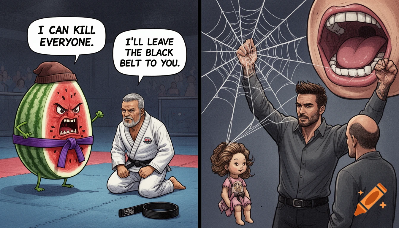 A two-panel cartoon. Left: A fierce watermelon with a purple Jiu-Jitsu belt shouts at a kneeling martial artist. Right: A man shoots a spider web at a giant open mouth while pulling a doll's hair.