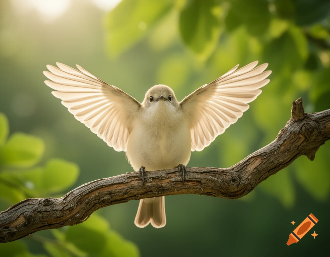A small, cream-colored bird with wings spread wide, perched on a branch amidst green foliage and bright sunlight.