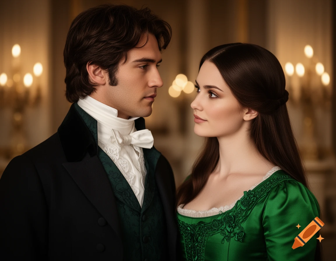 Photorealistic portrait of a Regency-era couple, a man in a black tailcoat and a woman in a green gown, looking at each other.