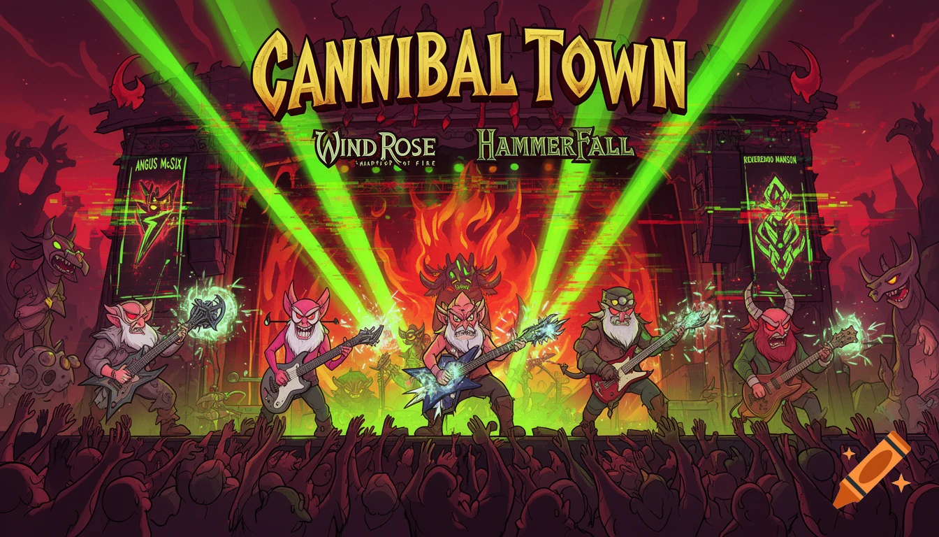 A cartoon metal band of demon-like gnomes performs on a stage in "Cannibal Town" with neon green lights and glitch effects, for a large crowd.