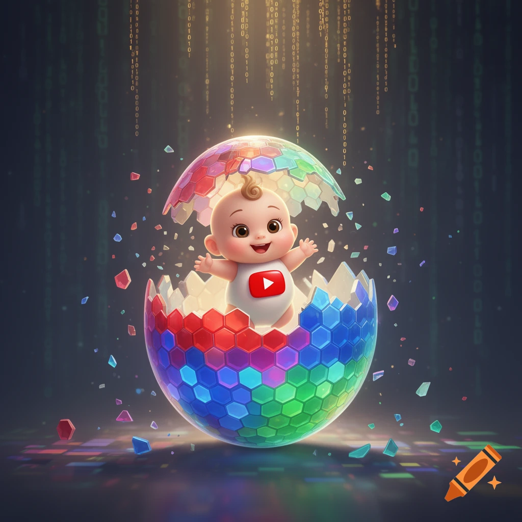 Cute cartoon baby with a YouTube logo on its chest, hatching from a colorful hexagonal egg amidst digital binary code.