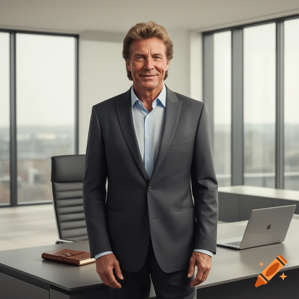 A smiling man in a grey suit and light blue shirt stands in a modern office with large windows, looking at the viewer.