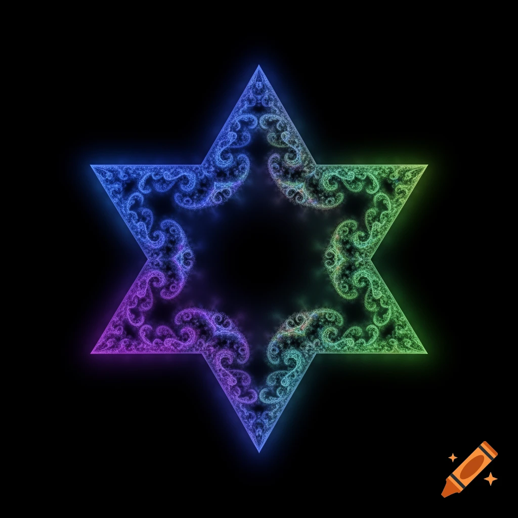 A glowing, multicolored fractal in the shape of the Star of David against a black background, featuring intricate swirling patterns.