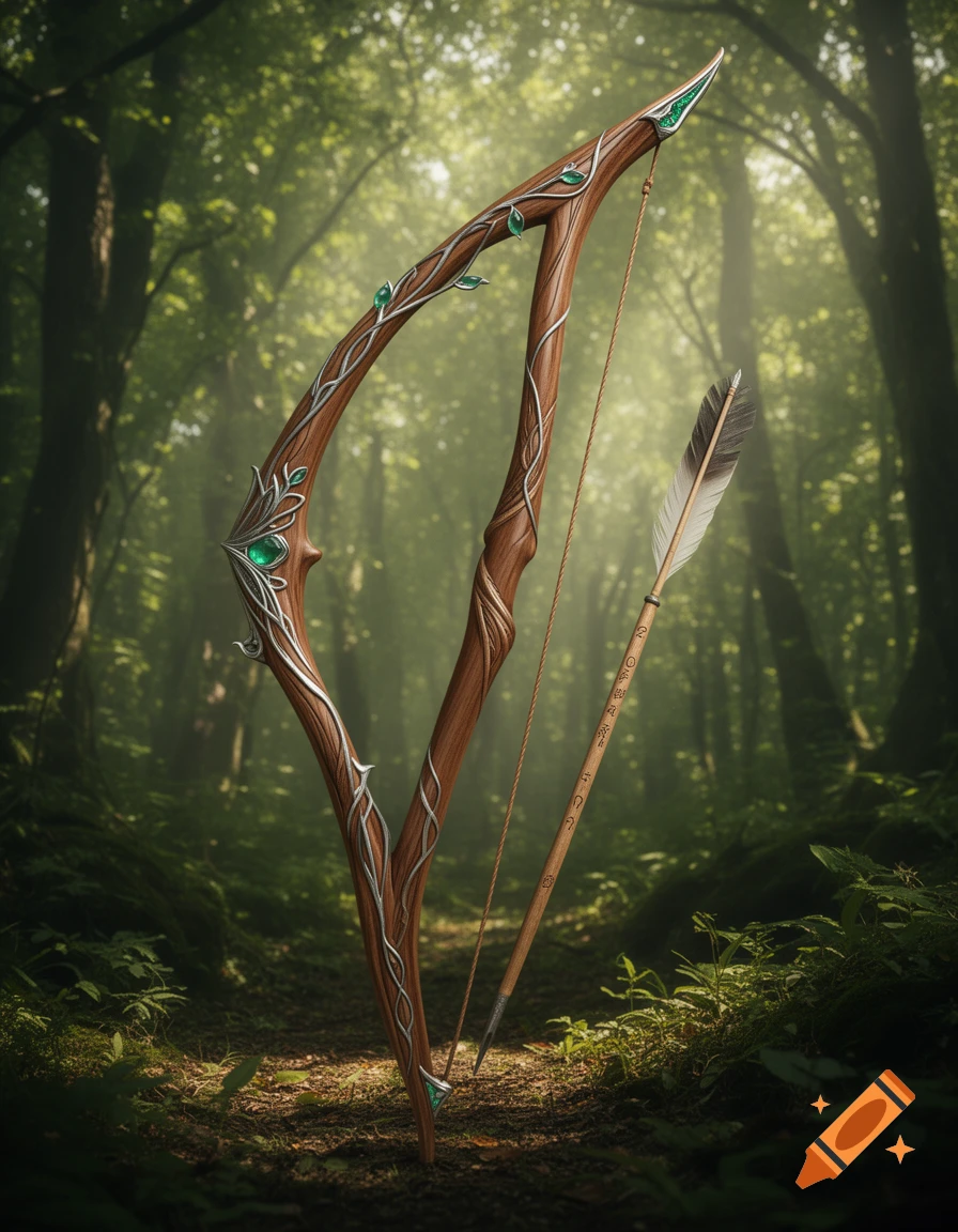 An ornate elven bow with glowing green accents and an arrow with feathered fletching rest in a sun-dappled forest.