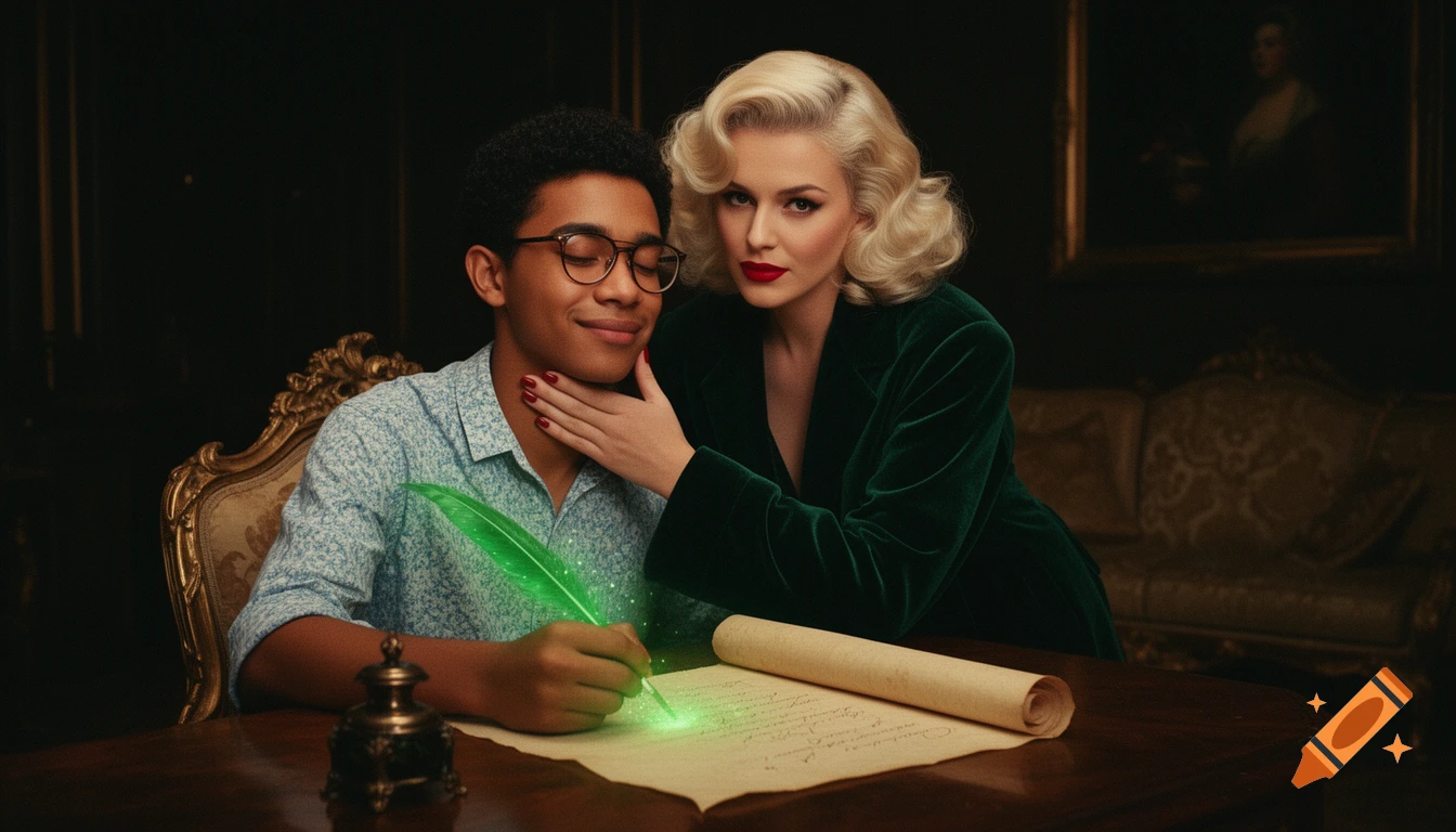 A young man writes on glowing parchment with a quill as a glamorous blonde woman in a green velvet jacket touches his chin in a dramatic, opulent room.