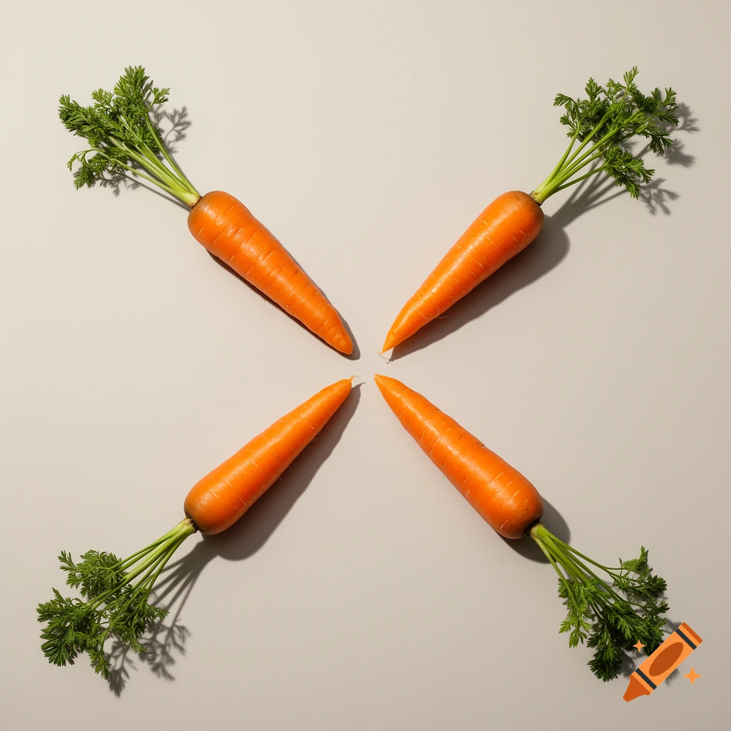 Four fresh orange carrots with green tops arranged in a cross pattern on a light grey background.