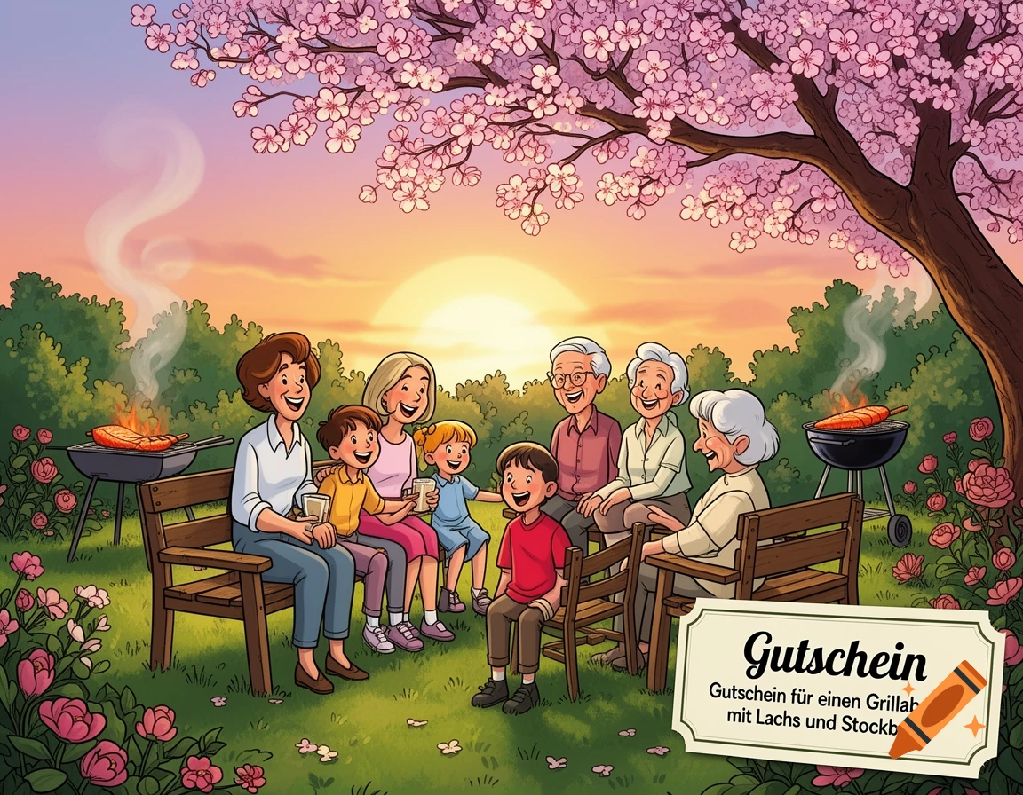 A cartoon illustration of a multi-generational family enjoying a barbecue in a spring garden under a cherry blossom tree, with a voucher at the bottom.