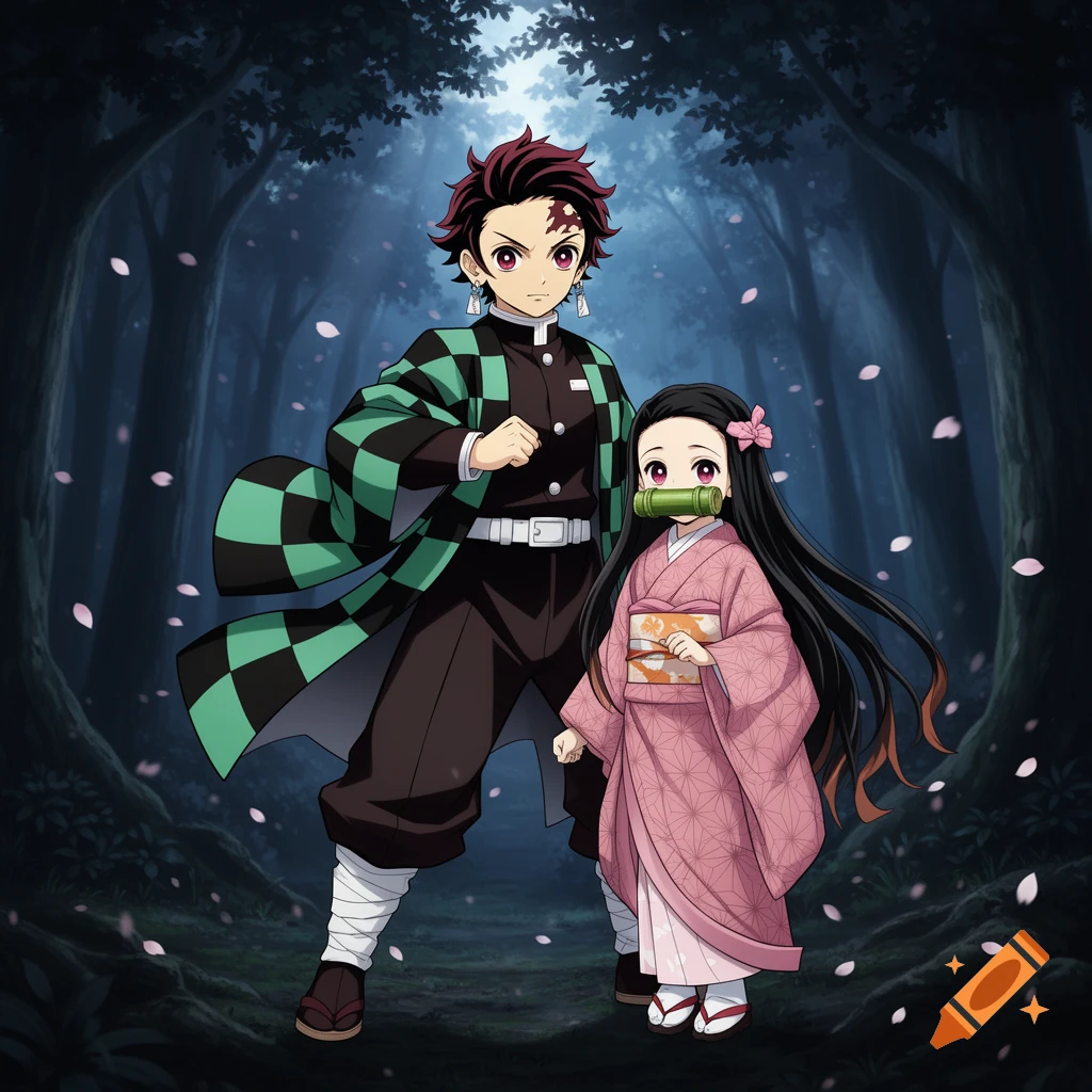 Anime illustration of Tanjiro Kamado and Nezuko from Demon Slayer standing in a dark, misty forest with falling petals.