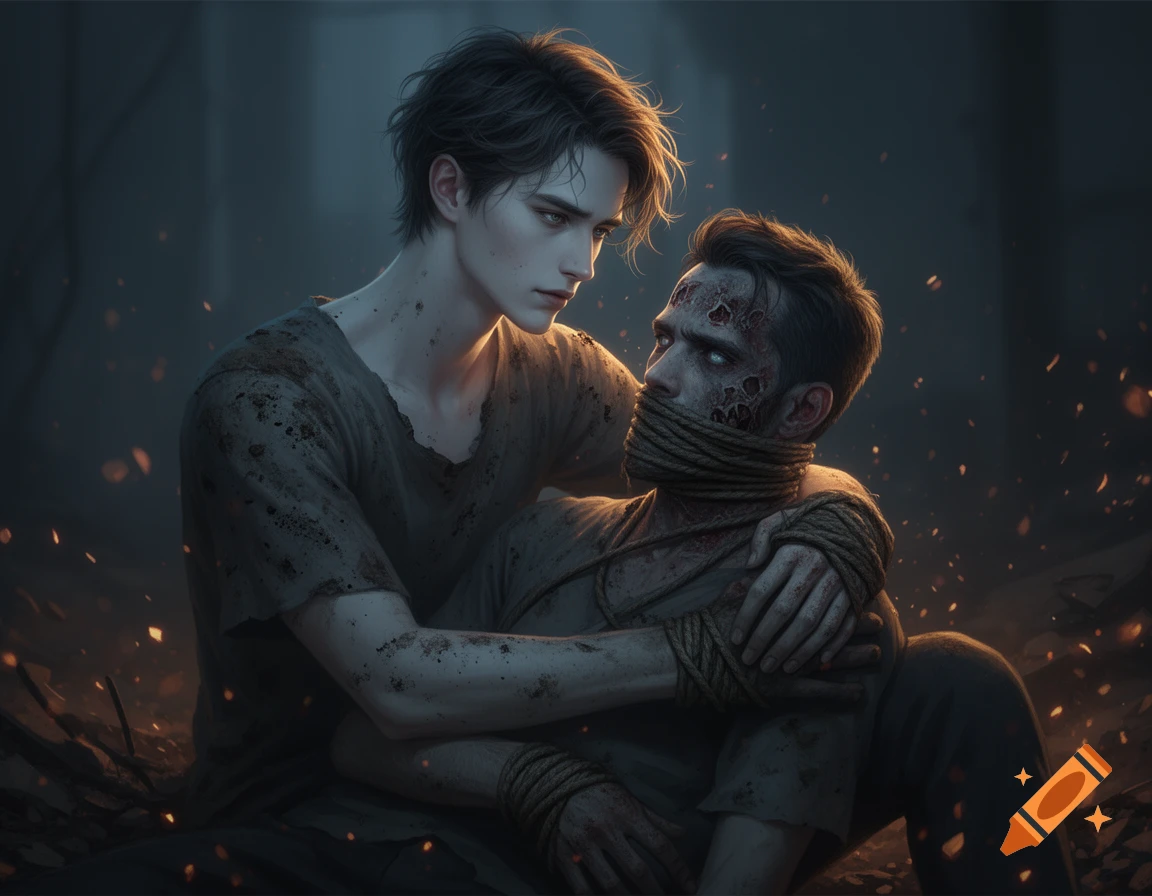 A pale young man with dirt on him embraces a zombie whose mouth is tied, in a dark, ember-filled, cinematic scene.