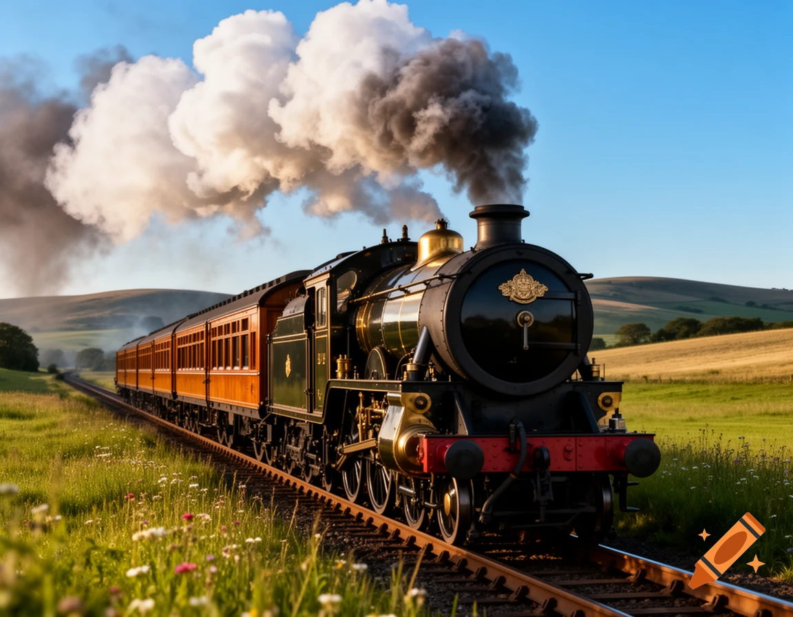 A vintage steam train with orange passenger cars travels through a lush green valley under a clear blue sky, emitting white and grey smoke.