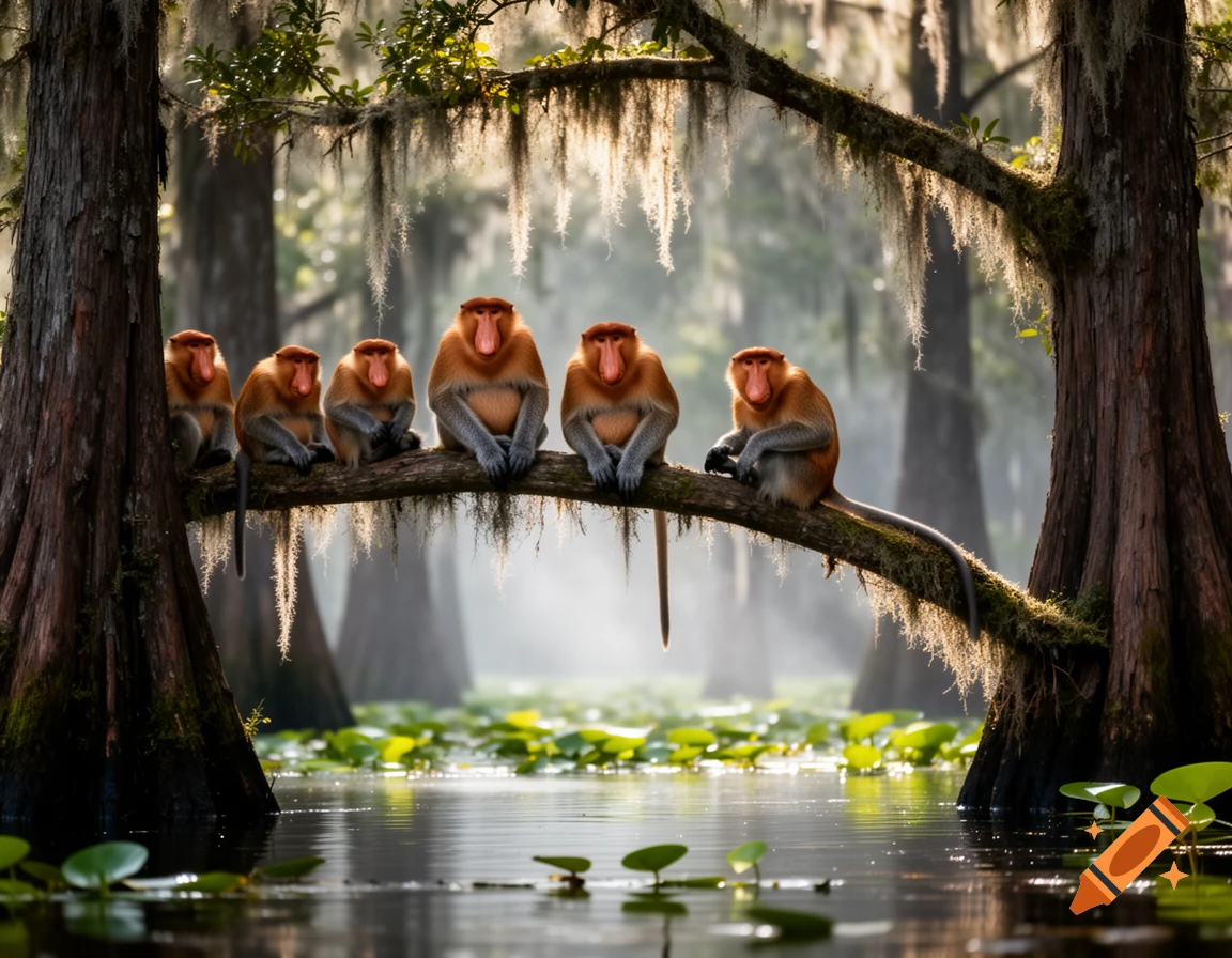 Six proboscis monkeys with prominent noses sit on a mossy branch over a misty swamp with lily pads in a forest.