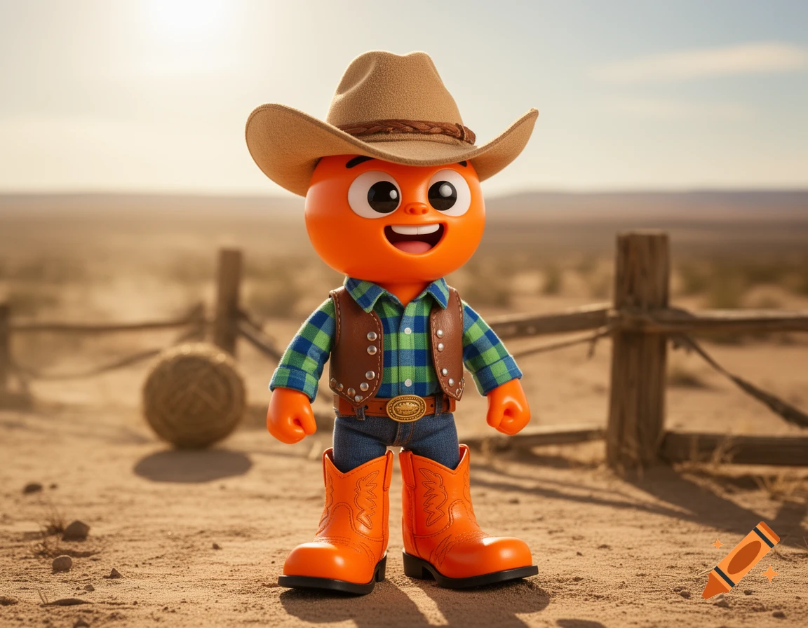 An orange, round cartoon character with a wide smile, wearing a brown cowboy hat, plaid shirt, vest, jeans, and orange cowboy boots, stands in a sunny desert landscape.