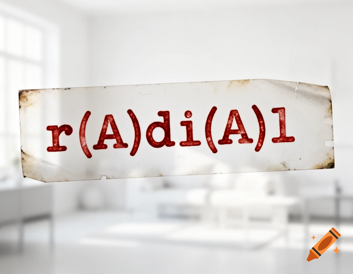 The word 'r(A)di(A)l' in leaky red typewriter font on an aged paper rectangle, floating over a blurred white room.