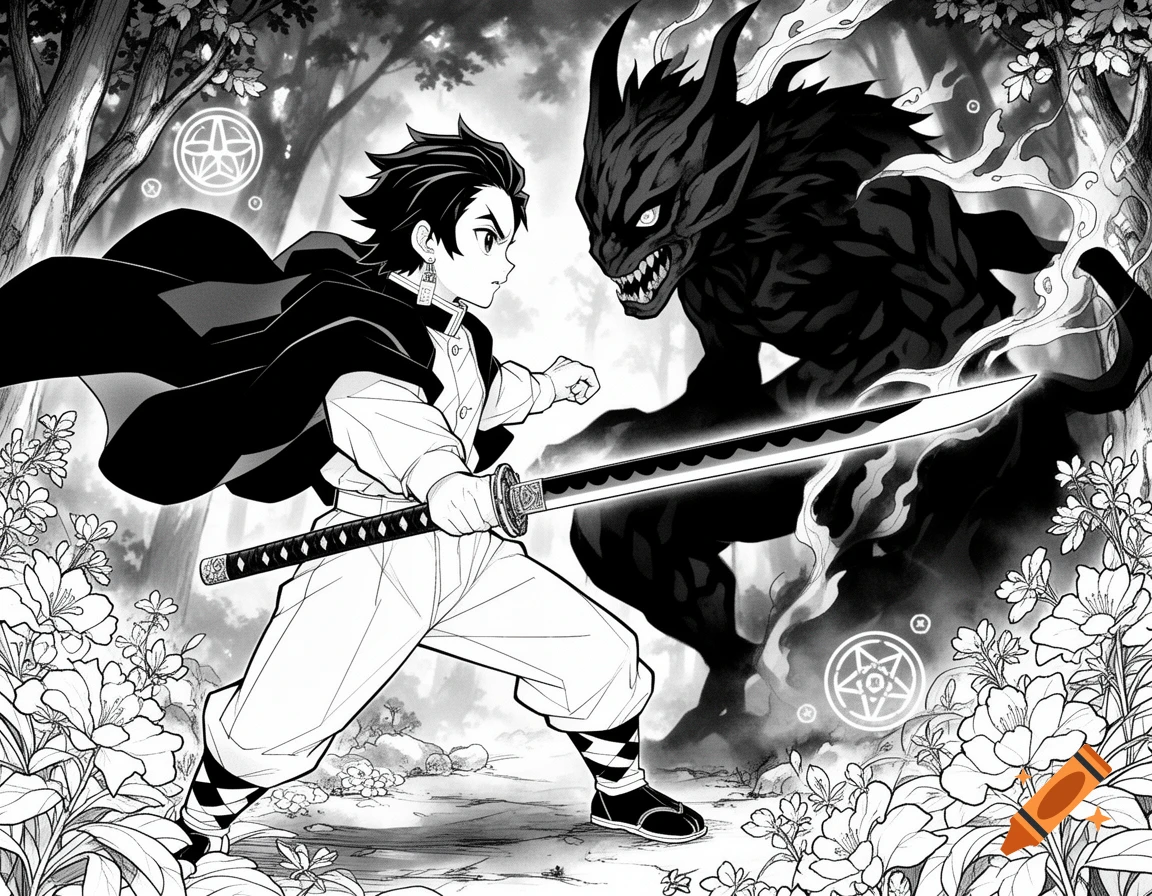 A black and white manga-style drawing of a young man with a sword confronting a large, demonic creature in a forest.